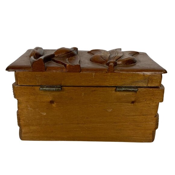 Vintage Handcrafted Wooden Trinket Box Tulip Floral Carved Top Basket Weave - Picture 4 of 8